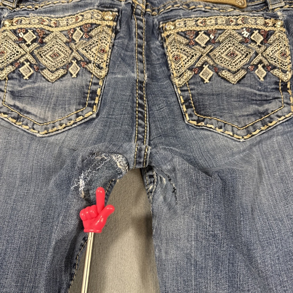 Miss Me 30x32 Mid-Rise Boot Jeans TRIBAL Embellished WHISKERING THICK STITCH - Picture 5 of 11